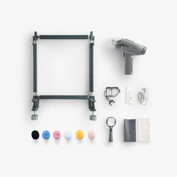 Clawlab Tufting Gun Kit H1 Lite flat lay with lightweight tufting gun, easy-clamp frame, yarn, fabric, and tools