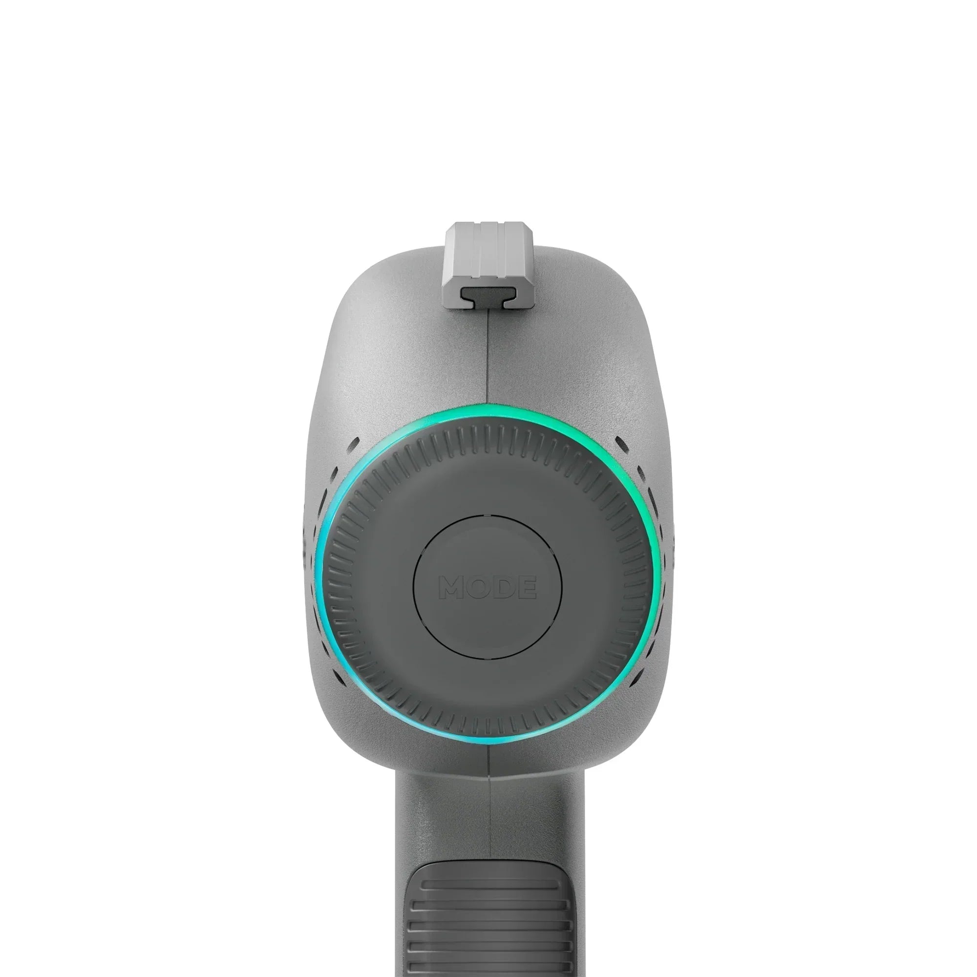 Close-up of the back of a grey tufting gun featuring a circular "MODE" button surrounded by a glowing green LED ring.