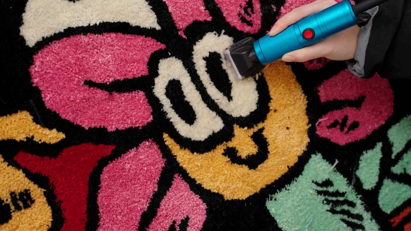 Carving and trimming details on a colorful flower-patterned tufted rug using electric carpet shears.