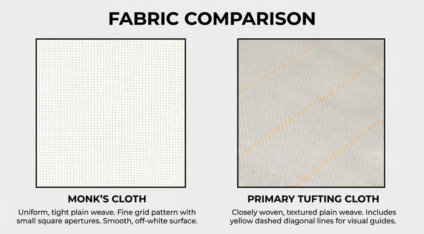 Fabric comparison chart showing Monk's Cloth with a uniform tight weave versus Primary Tufting Cloth with yellow dashed diagonal guide lines.