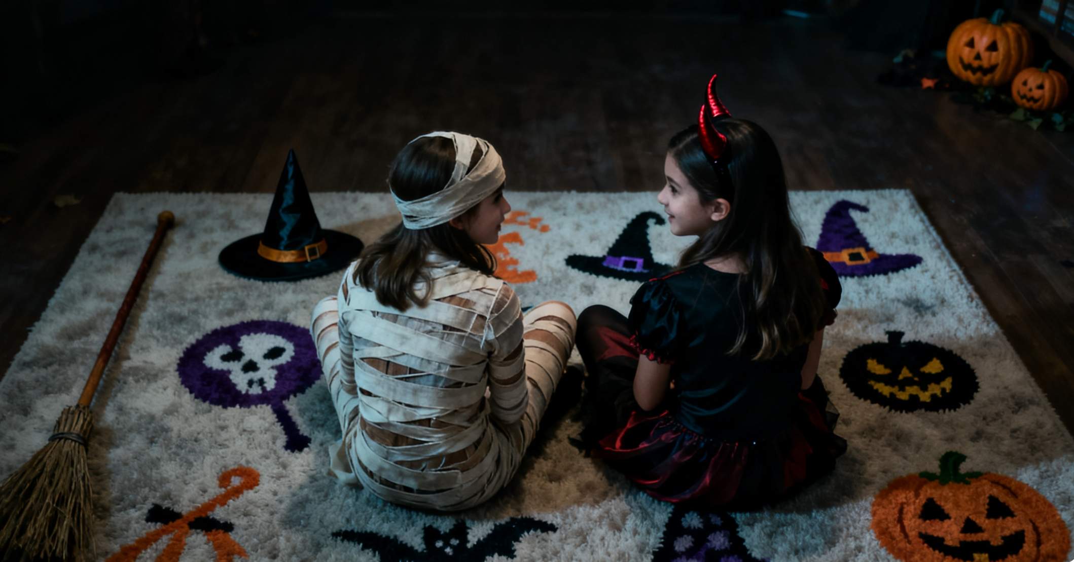 Two children in Halloween costumes—one a mummy and one a devil—sit on a handmade tufted rug decorated with spooky patterns like ghosts, pumpkins, and witch hats.
