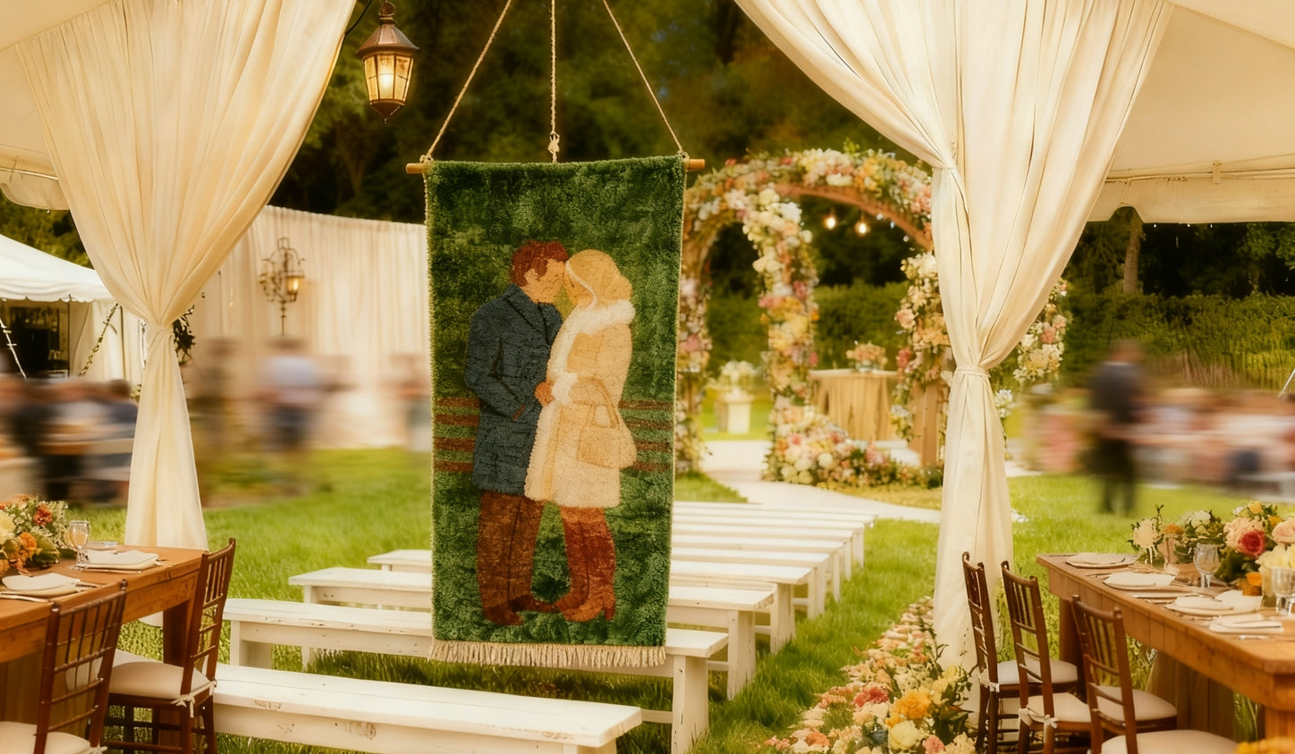 A custom tufted rug wall hanging featuring a romantic couple embracing, displayed as wedding decor between white draped curtains at an outdoor garden ceremony