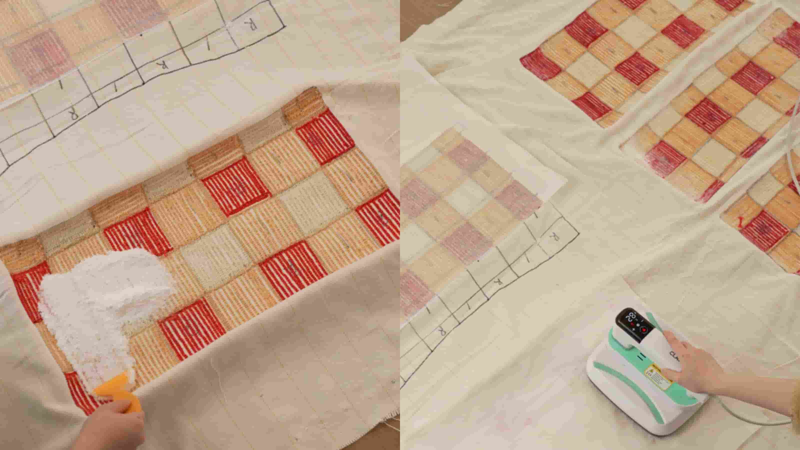 Two-panel tufting process: left shows a red and yellow plaid pattern on monk cloth, right shows a hand using a tufting gun to fill in the design