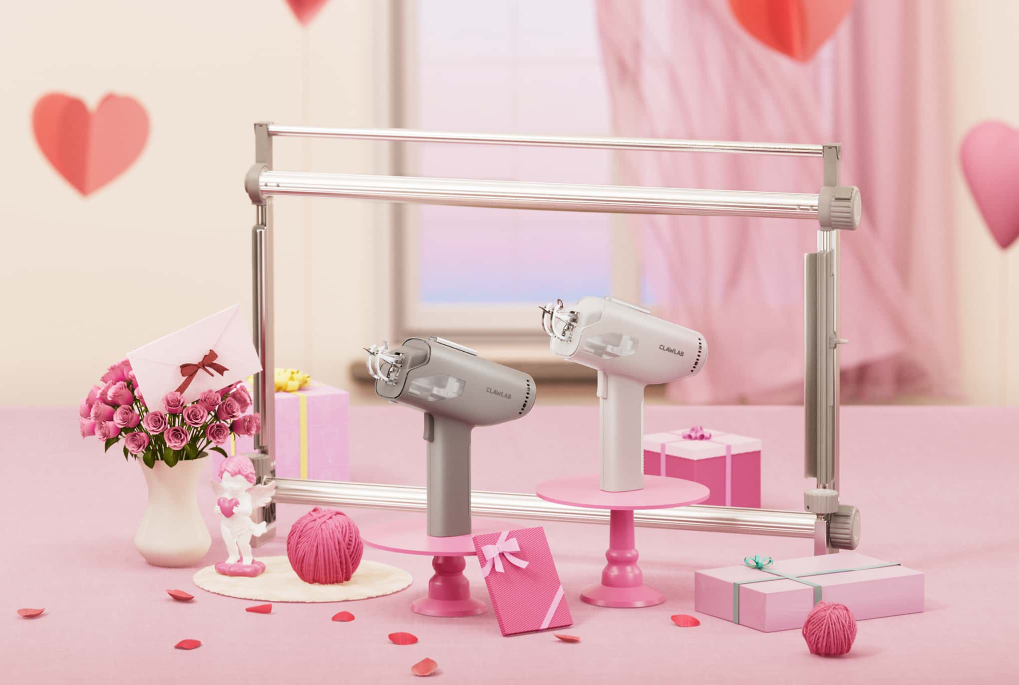 Romantic Valentine's Day tufting starter kit: a small weaving loom alternative featuring an easy control tufting gun for rug tufting ideas for beginners.