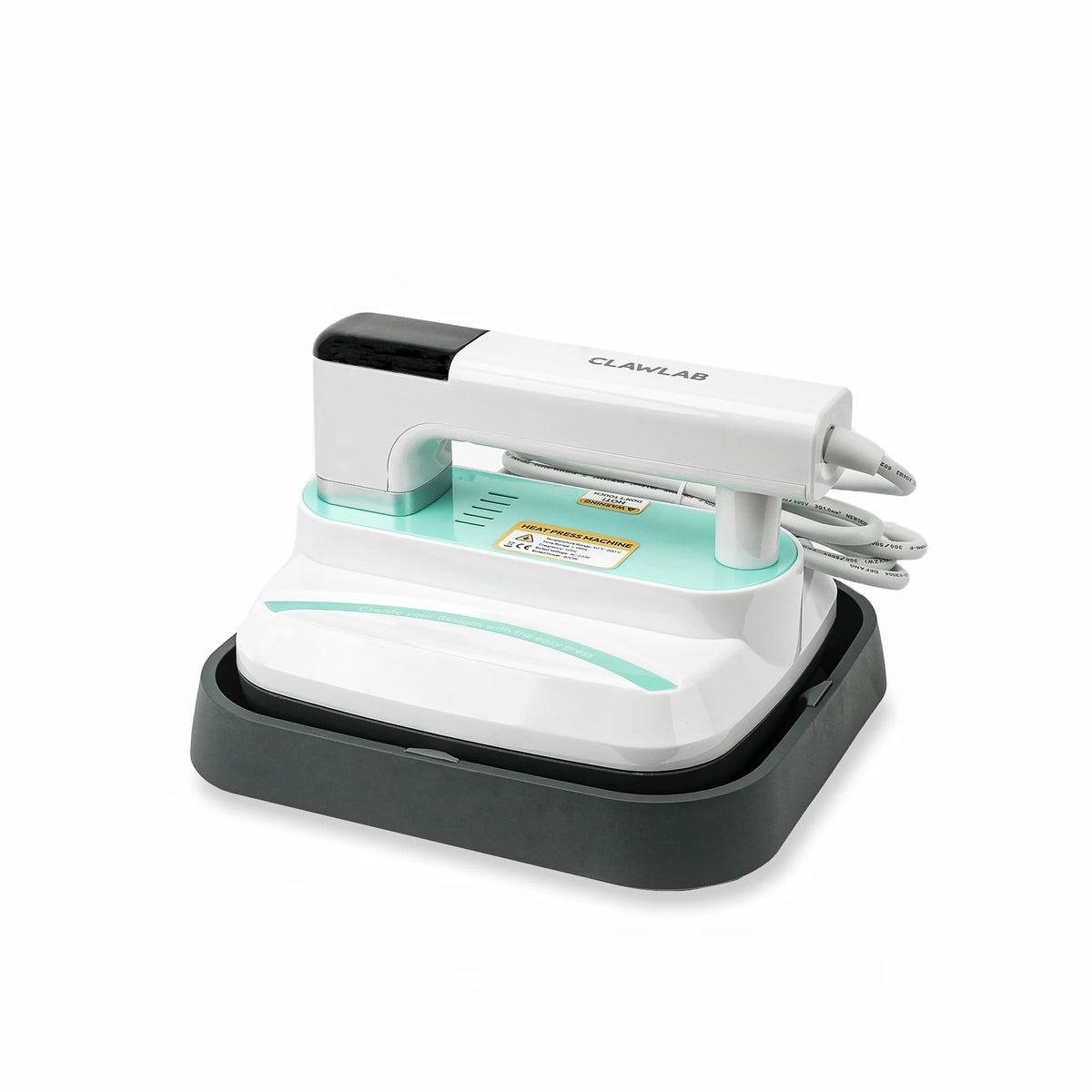 Clawlab 8x10 heat press machine, white with black handle, on gray base.