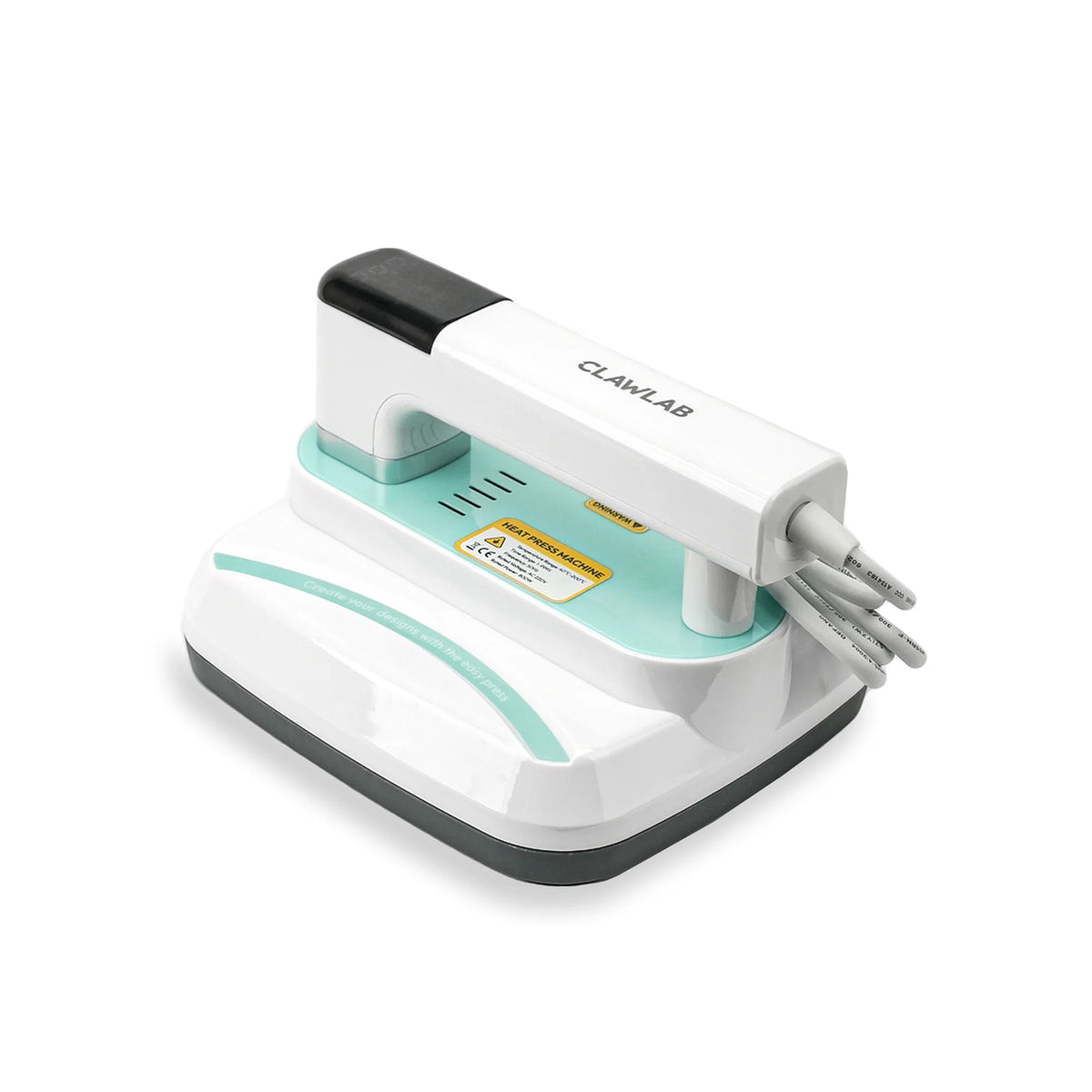 Clawlab 8x10 inch heat press machine, white and teal, with 'Create your designs' slogan.