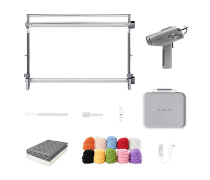 Clawlab Tufting Kit: gray gun, easy-clamp frame, fabrics, 10 yarn skeins, tools, case.