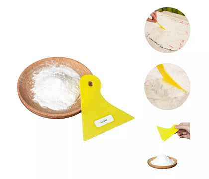 Yellow scraper with 'Scraper' label and white TPU hot melt adhesive powder.