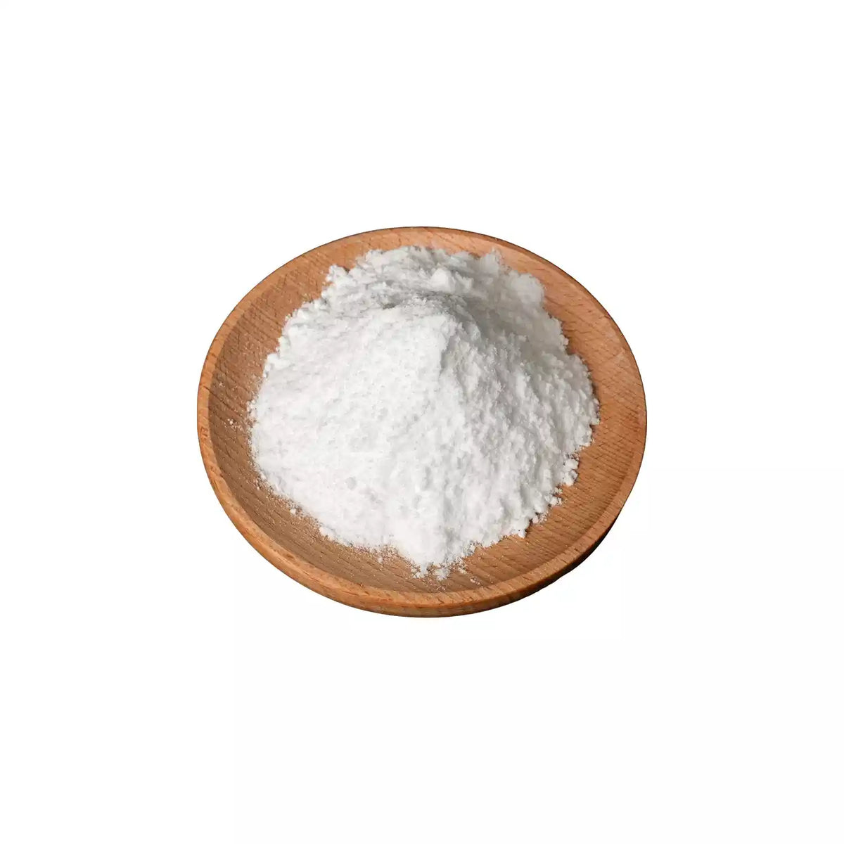 White TPU hot melt adhesive powder in wooden bowl for tufting glue kits.