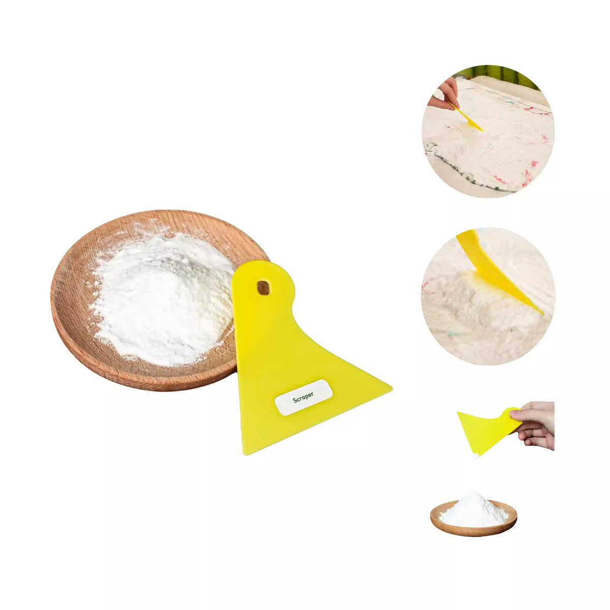 Yellow scraper with 'Scraper' label and white TPU hot melt adhesive powder.