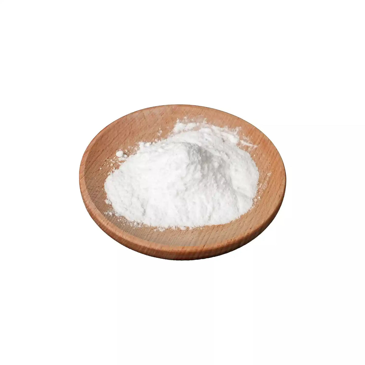 White TPU hot melt adhesive powder on a wooden saucer, for tufting glue kits.