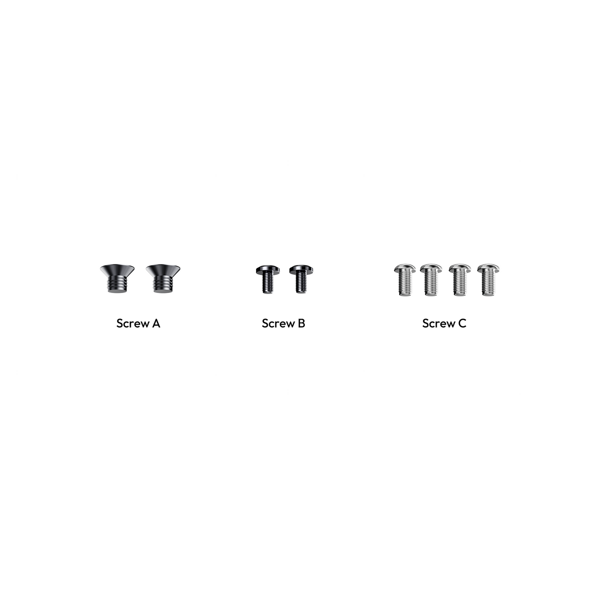 Clawlab Start Kit: two flat Screw A, two round Screw B, four domed Screw C.