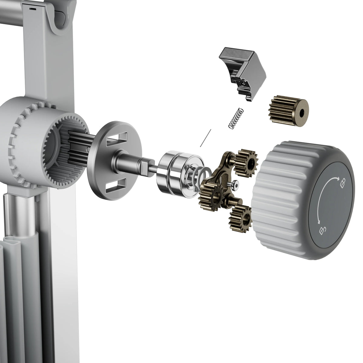 Clawlab tufting frame precise adjustment mechanism with gears and control knob.