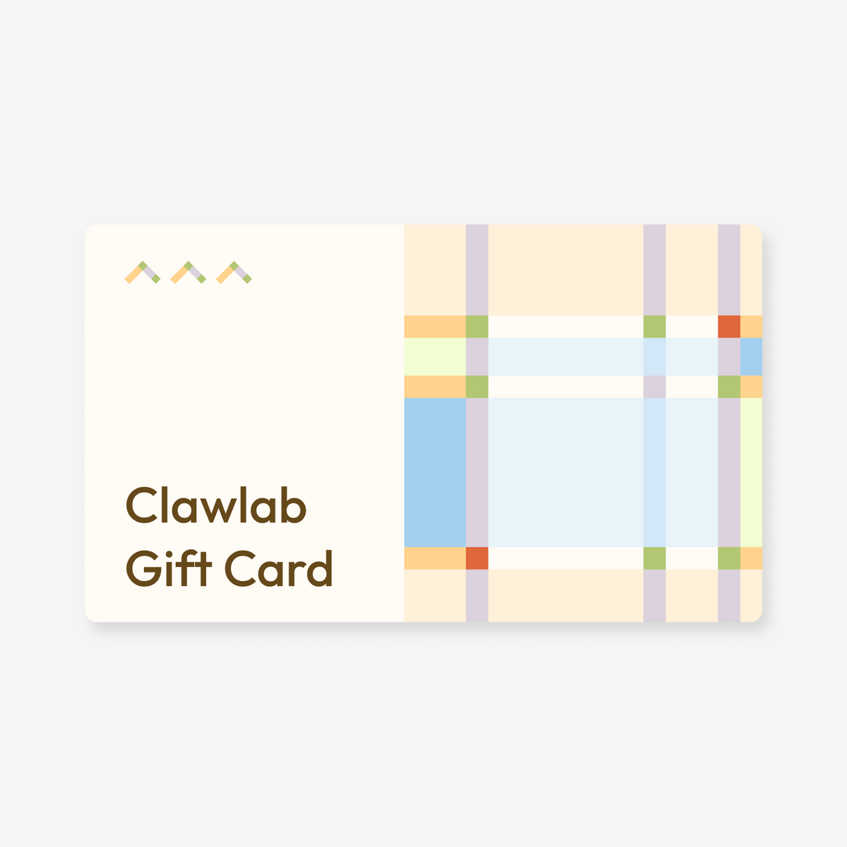 Clawlab Gift Card with brown lettering and a pastel plaid pattern on a cream background.