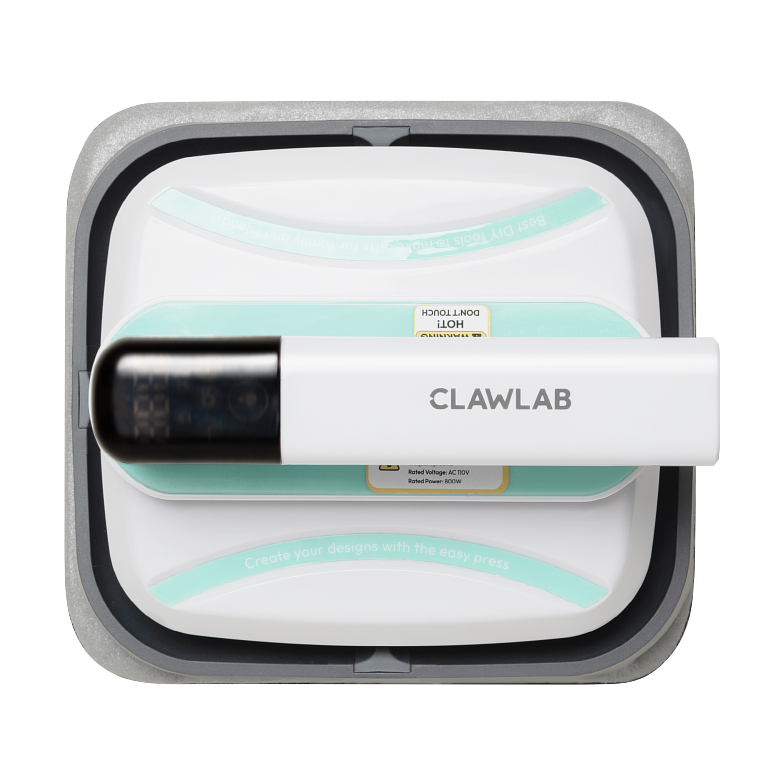 Top view of the white and mint Clawlab heat press, showing its handle and digital control panel.