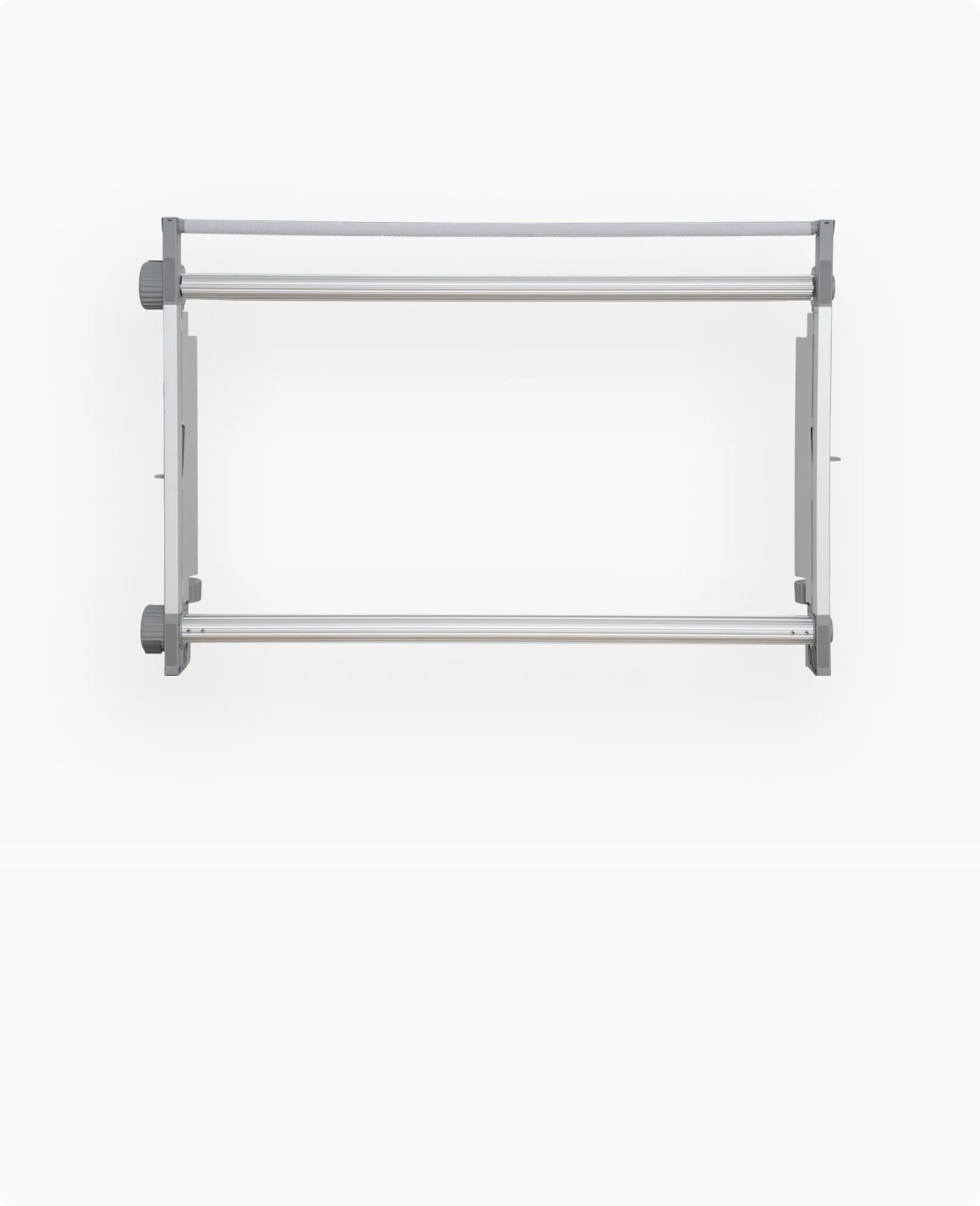 Front view of the silver Clawlab H1 tufting frame with nail-free fabric clamps and adjustment knobs.